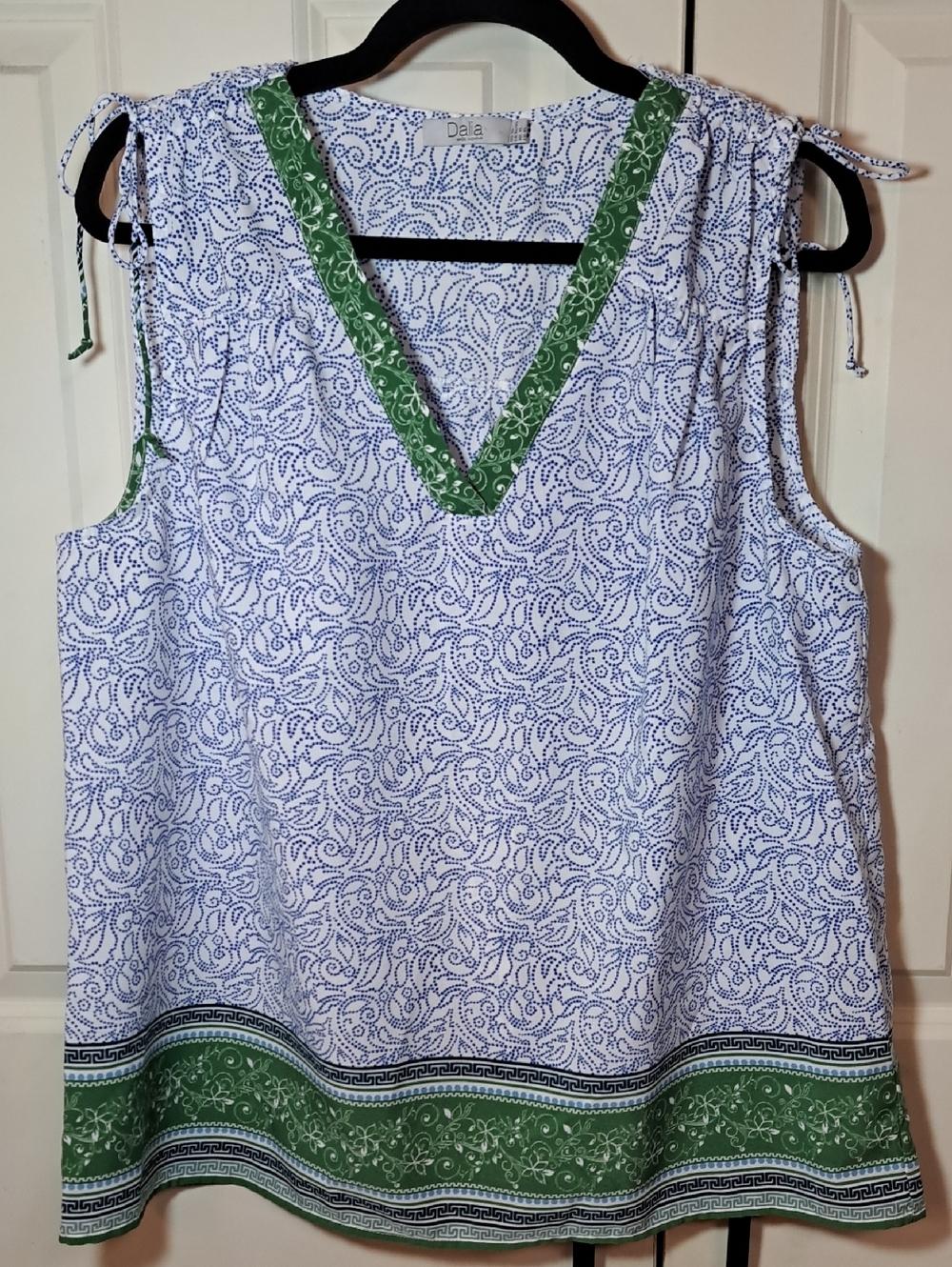 Dalia White Blue Paisley Tank with Green Trim